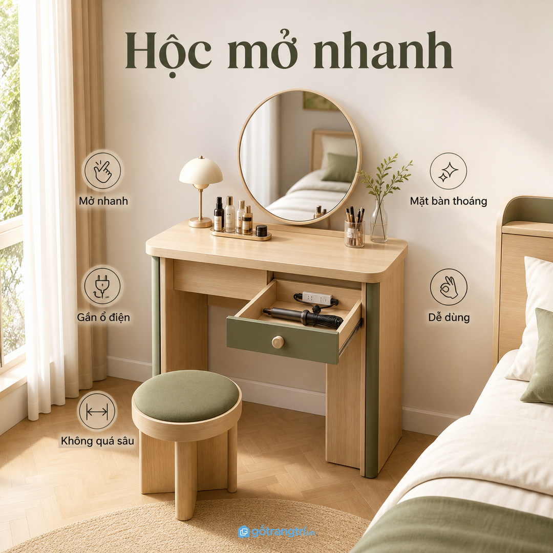 Bàn trang điểm nhỏ cần hộc mở nhanh không chiếm mặt bàn