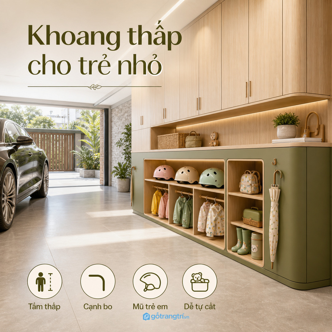 Nhà có trẻ nhỏ cần khoang thấp an toàn và dễ tự cất mũ sau khi dùng