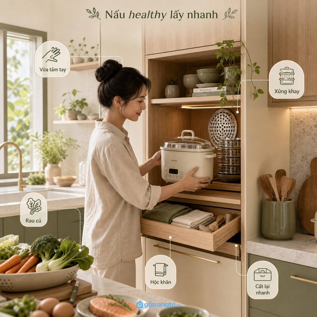 Gia đình nấu healthy cần thao tác lấy nồi và rửa khay thật nhanh
