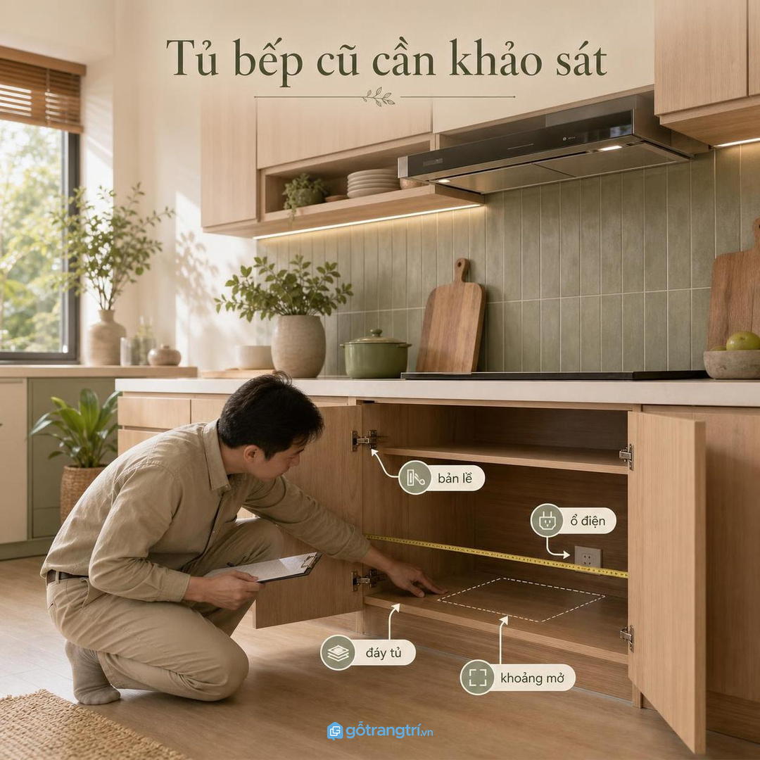 Tủ bếp cũ cần khảo sát đáy tủ, bản lề và ổ điện trước khi cải tạo