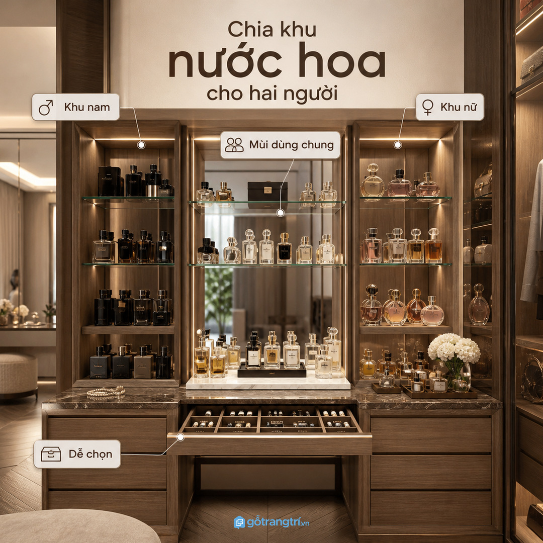 Khoang nước hoa cạnh gương giúp thao tác chọn mùi nhanh trong phòng master