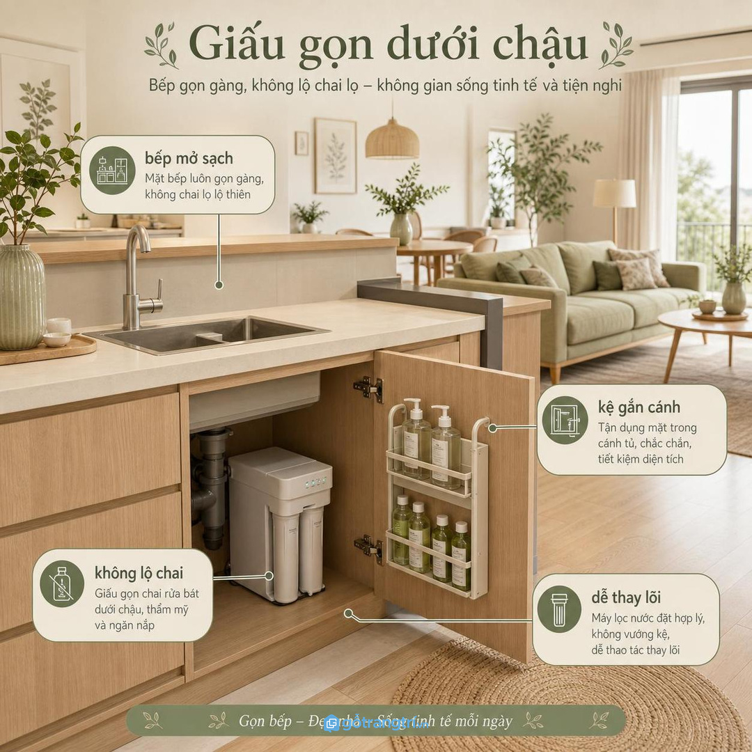 Căn hộ nhỏ nên giấu chai rửa trong cánh tủ dưới chậu