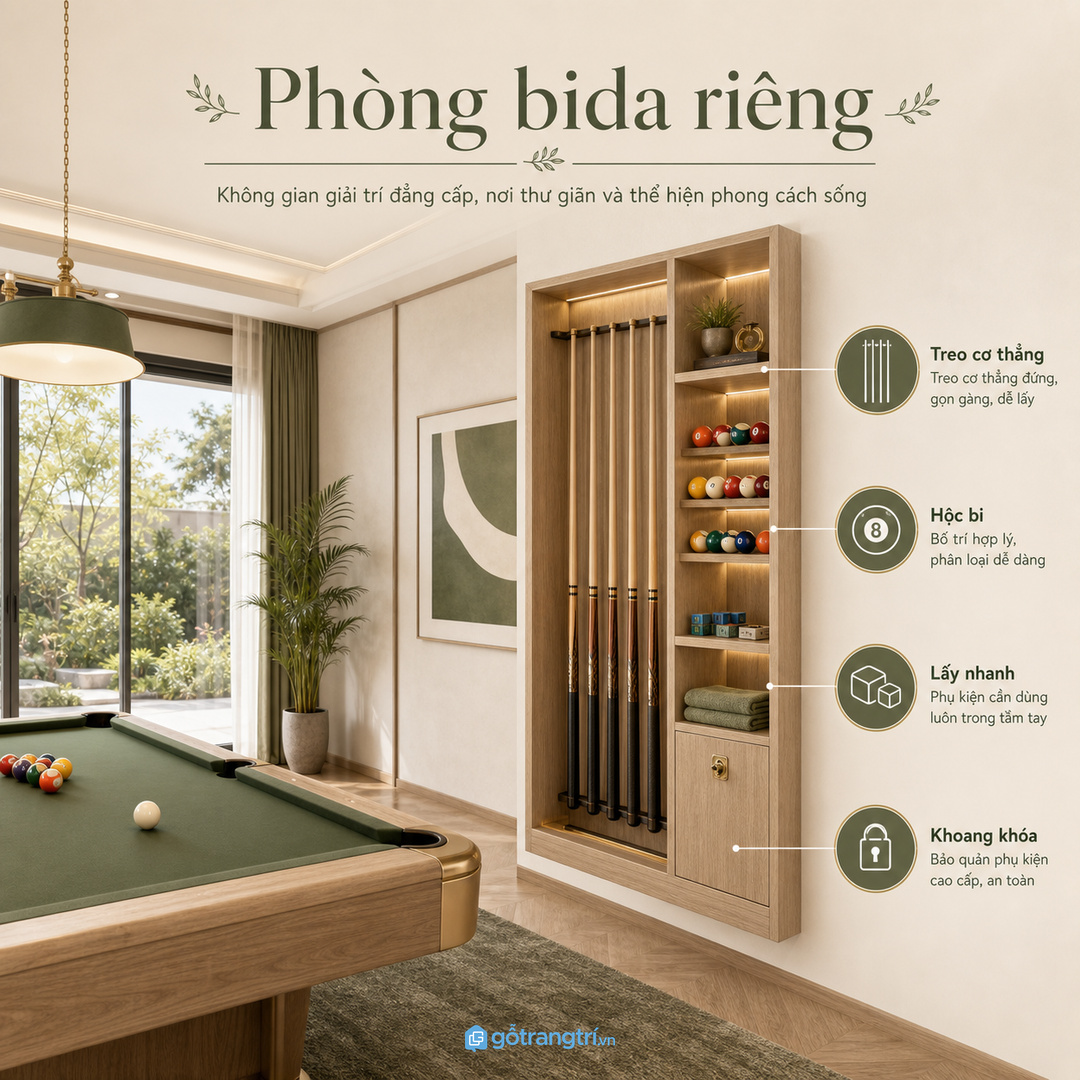 Phòng bi-a riêng cần tủ đồng bộ ánh sáng và phong cách giải trí