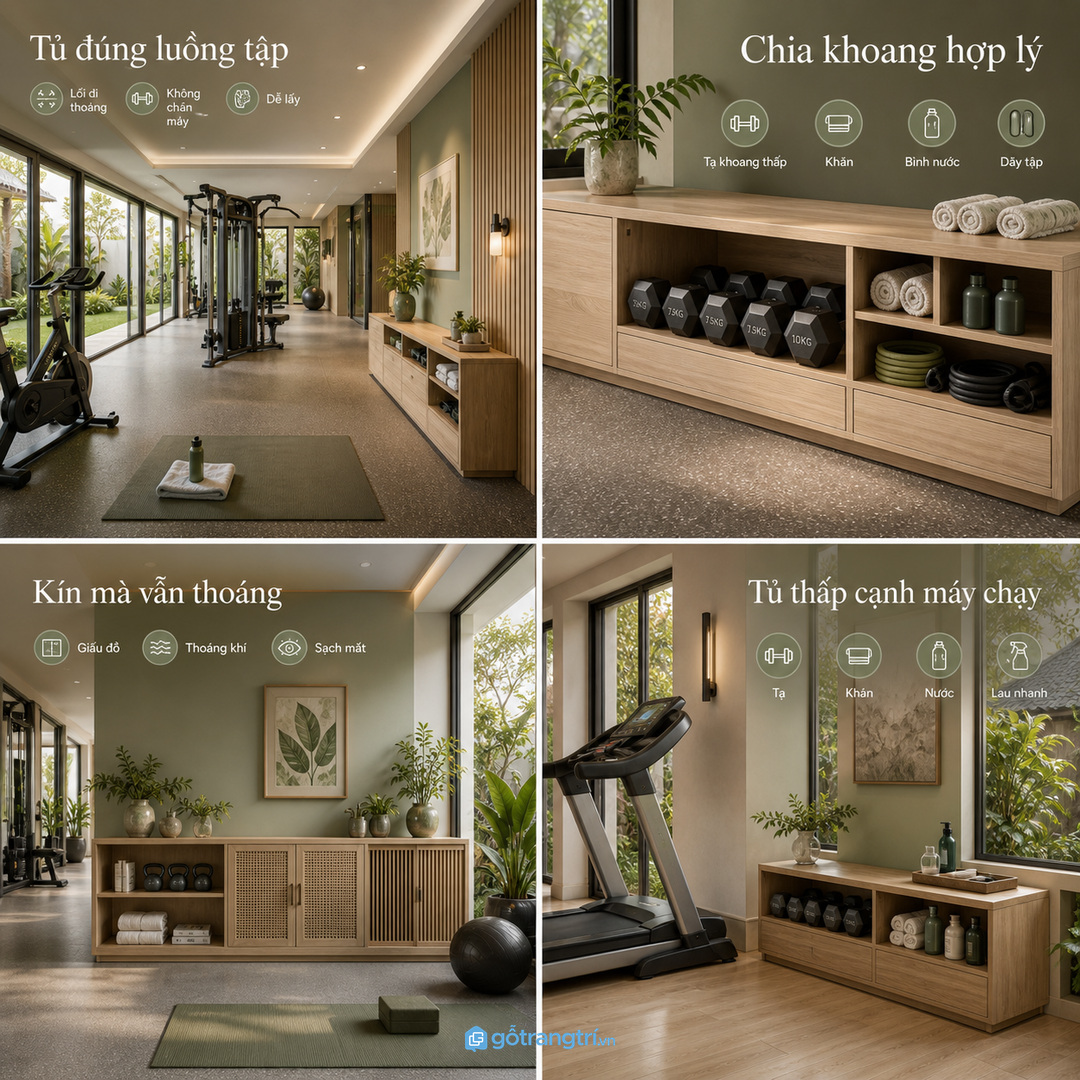 Phòng gym có máy chạy bộ cần tủ thấp gọn cho tạ khăn và bình nước