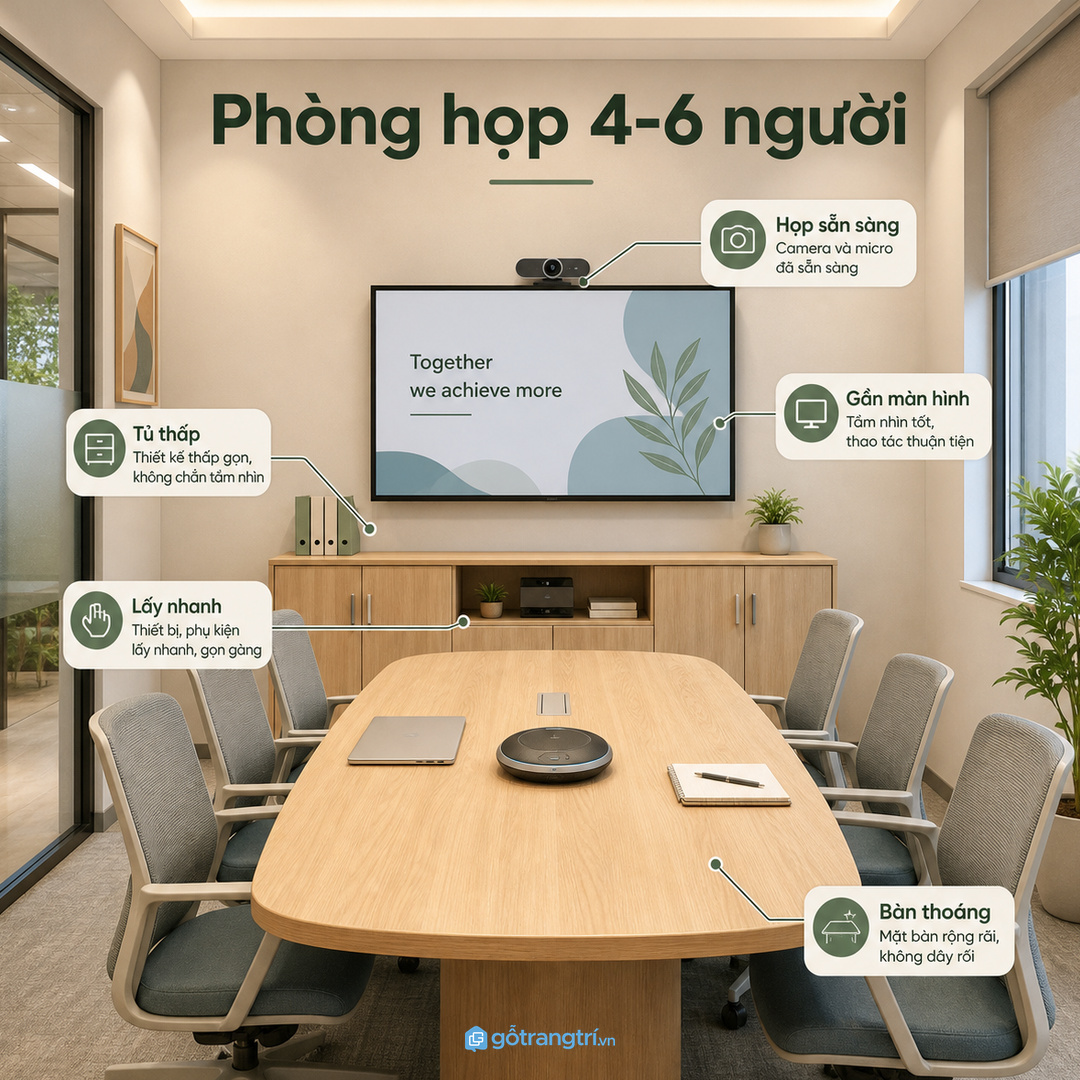 Phòng họp 4-6 người cần tủ thấp, thao tác nhanh cạnh màn hình