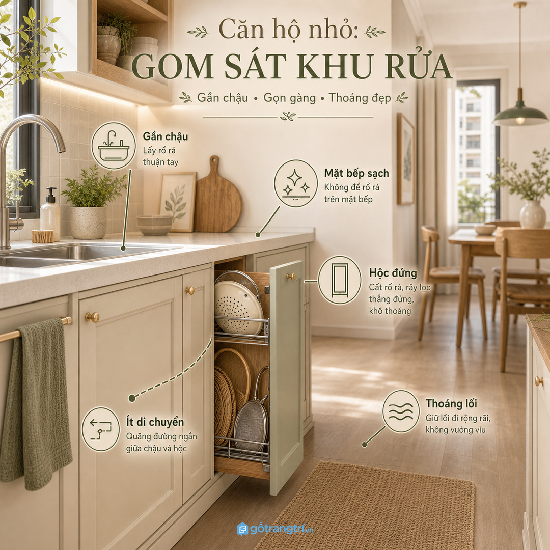 Căn hộ nhỏ nên gom rổ rá vào hộc đứng sát khu rửa