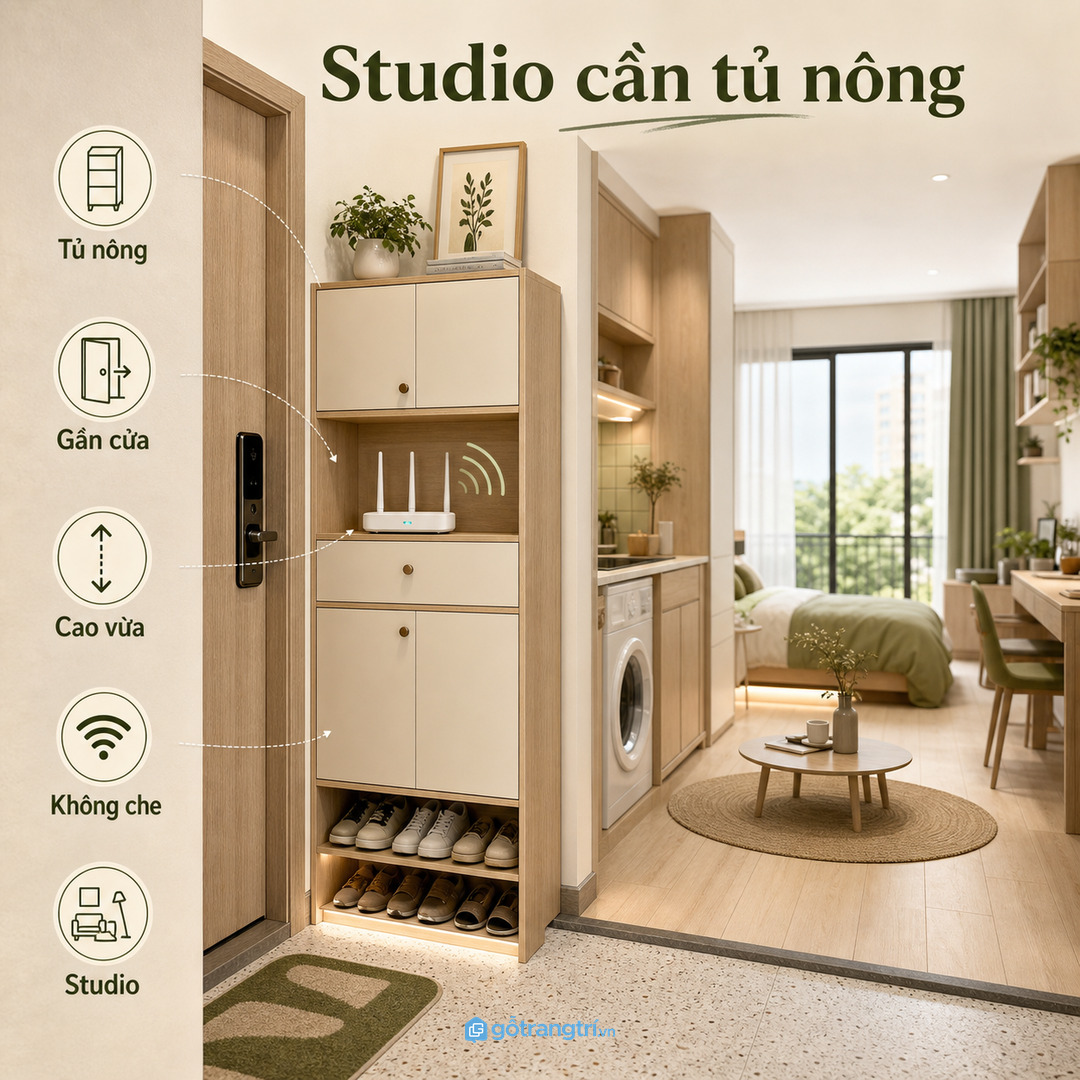 Căn hộ studio hợp tủ nông gần cửa nhưng tránh chắn sóng wifi