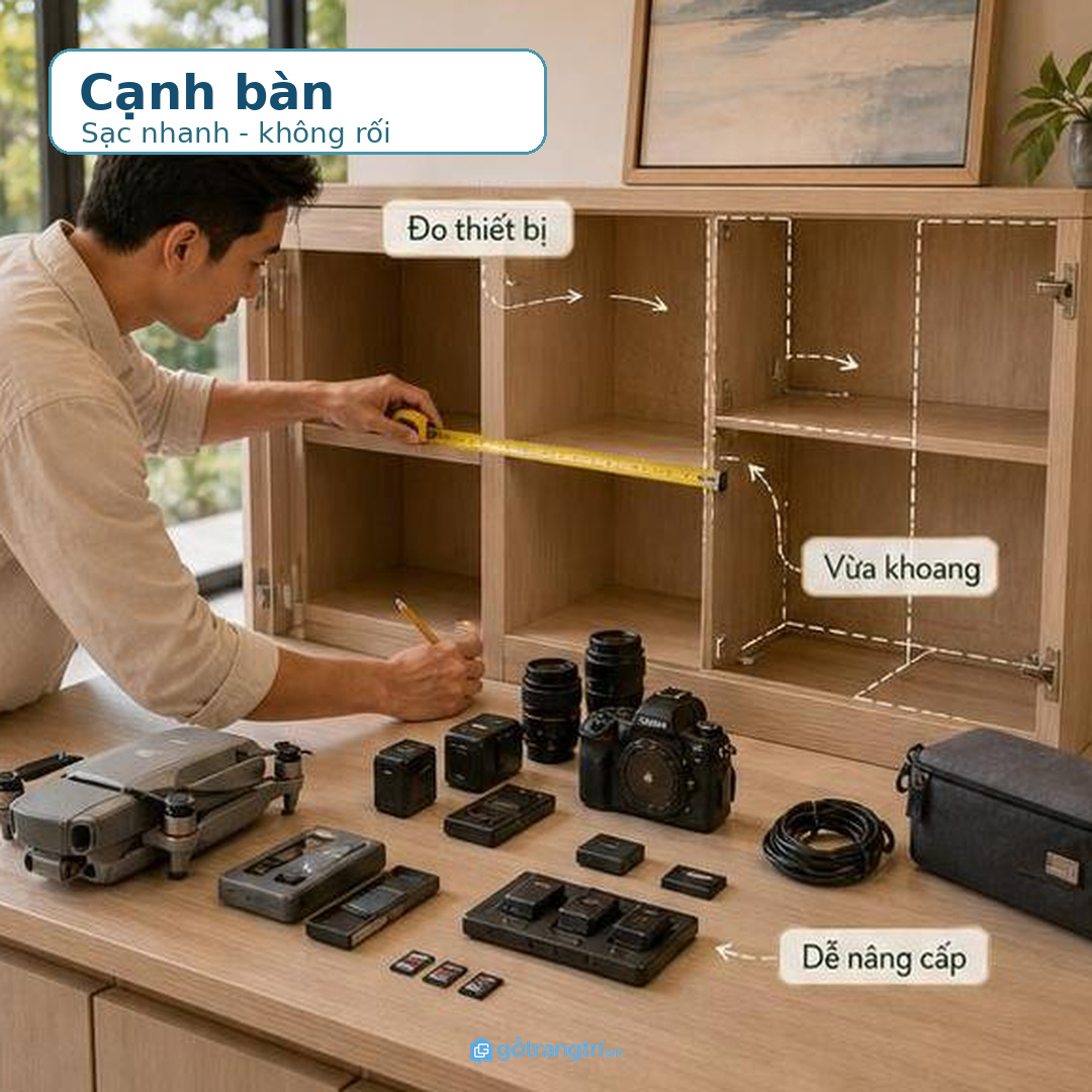 Phòng làm việc biệt thự hợp tủ sạc gọn cạnh bàn và tủ hồ sơ