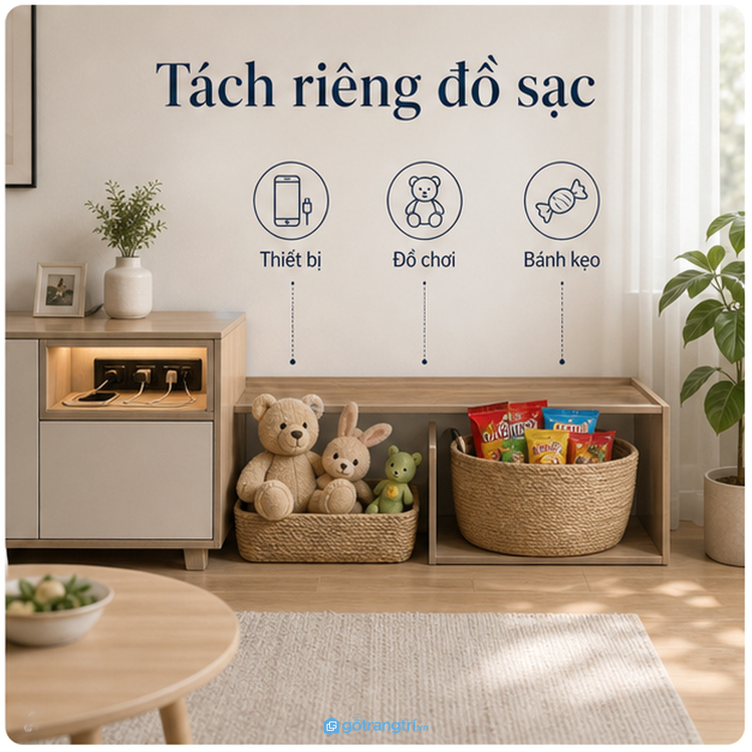 Căn hộ nhỏ hợp khoang sạc tích hợp dưới kệ tivi