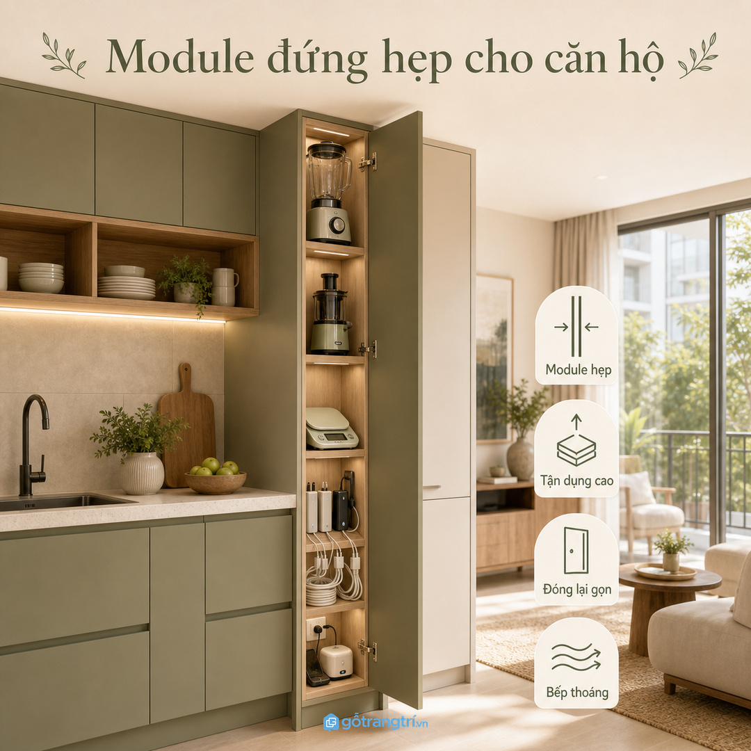 Căn hộ nhỏ nên dùng module đứng hẹp để cất thiết bị theo chiều cao