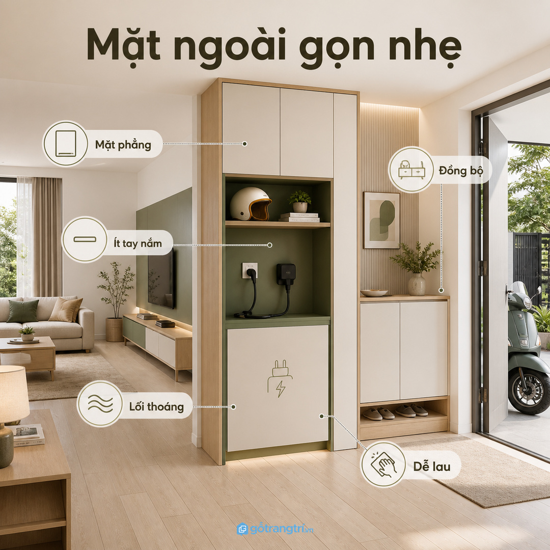 Mặt ngoài tủ nên phẳng, gọn và đồng bộ với lối vào nhà phố