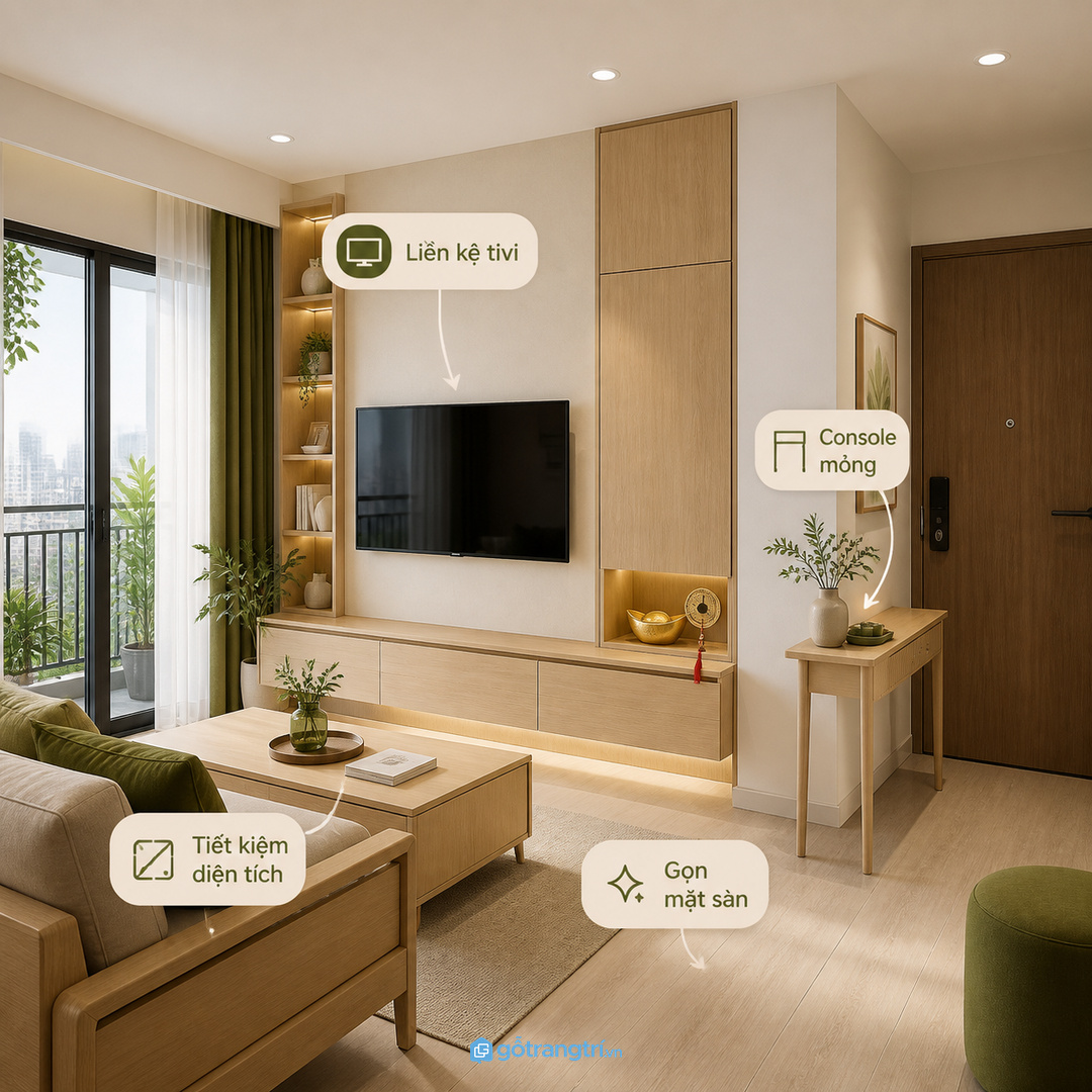 Căn hộ nhỏ nên tích hợp tủ tài lộc vào kệ tivi hoặc console mỏng