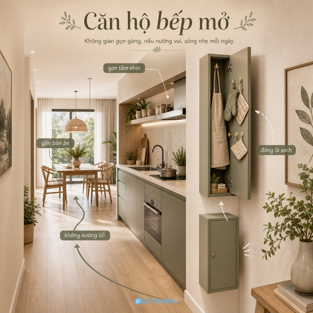 Căn hộ bếp mở cần giấu đồ nấu để phòng khách nhìn vẫn gọn