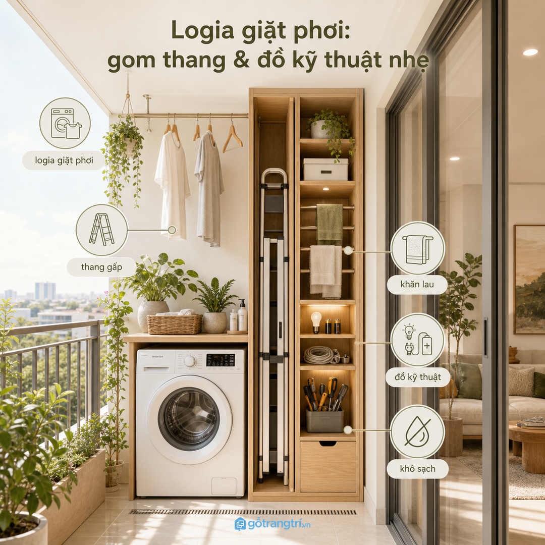 Logia giặt phơi có thể gom thang, khăn lau và đồ kỹ thuật nhẹ trong một tủ mỏng