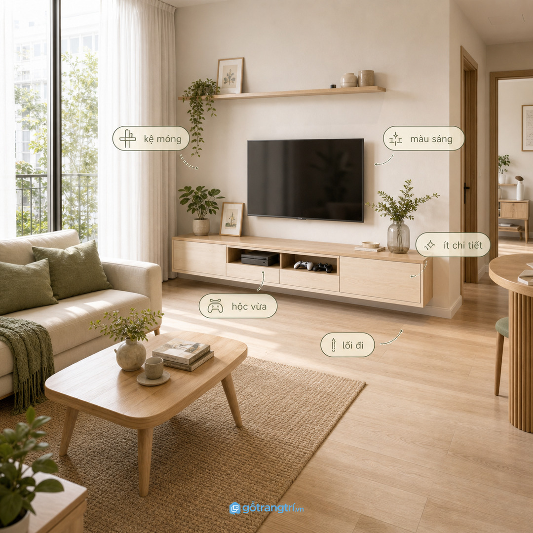 Căn hộ nhỏ cần gom thiết bị vào kệ tivi thấp