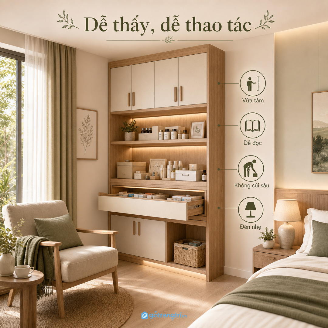 Nhà có người lớn tuổi cần tủ thuốc vừa tầm dễ đọc và dễ thao tác