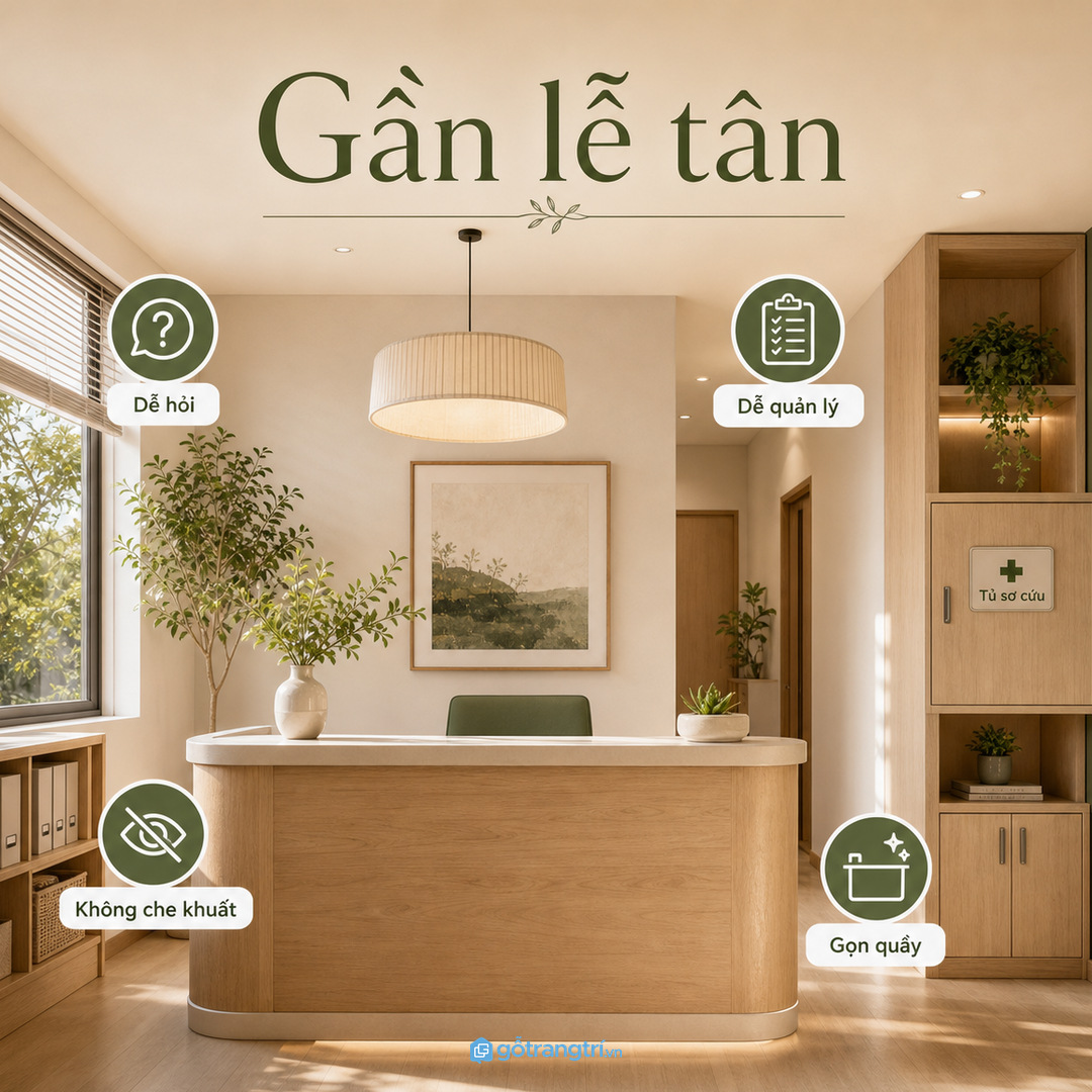 Văn phòng có lễ tân nên đặt tủ thuốc ở điểm dễ hỏi và dễ quản lý