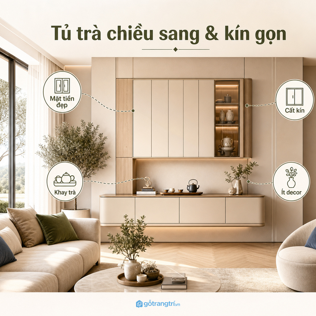 Phòng khách chính cần tủ trà chiều sang nhưng kín gọn