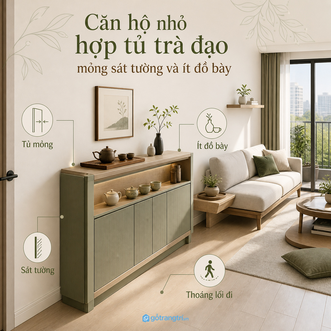 Căn hộ nhỏ hợp tủ trà đạo mỏng sát tường và ít đồ bày