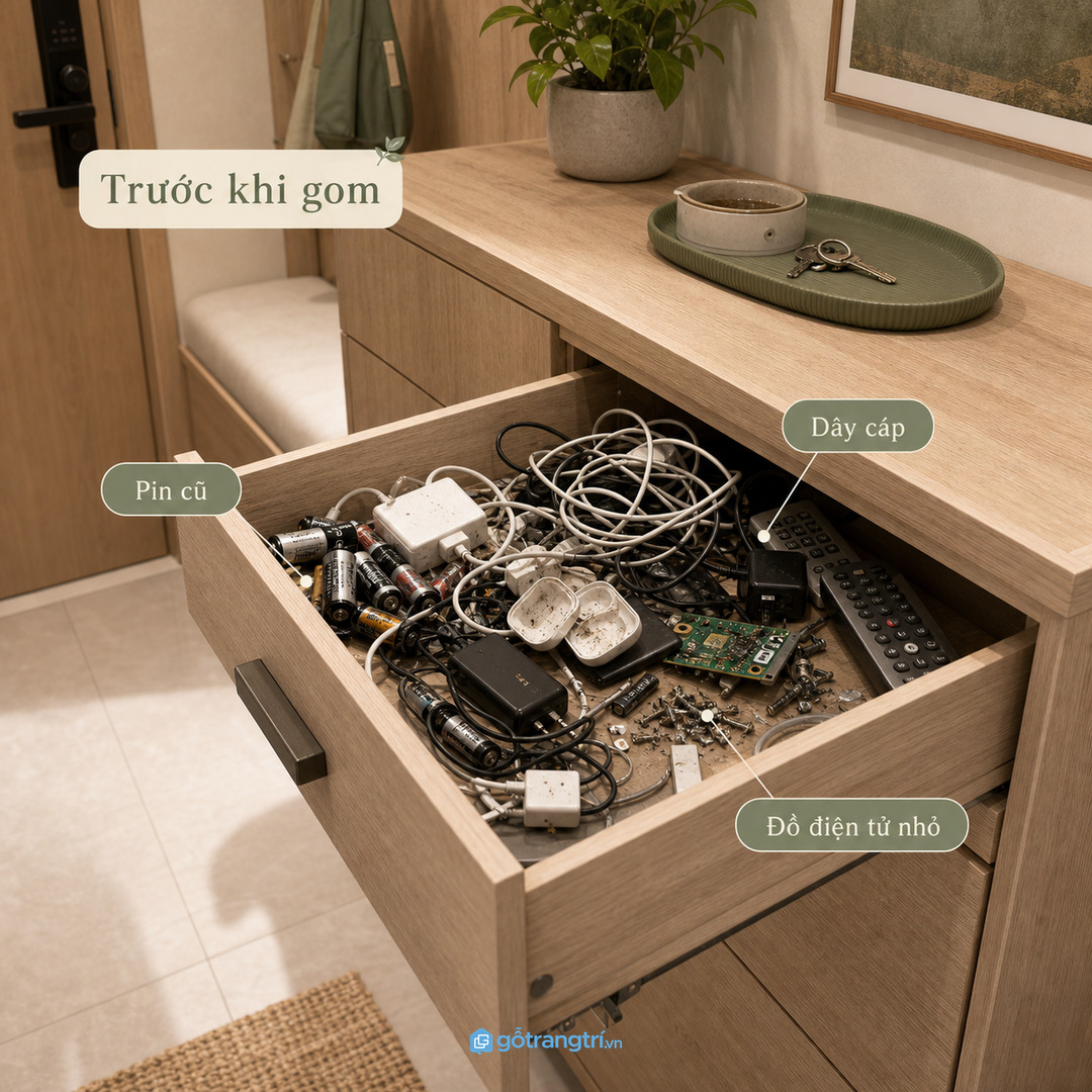 Căn hộ studio hợp trạm tái chế nông đặt gần lối vào hoặc cạnh tủ giày