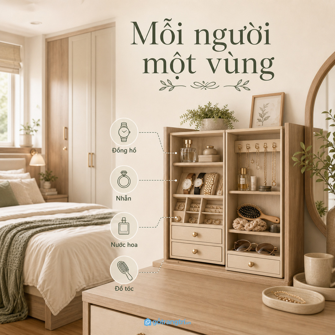 Phòng ngủ vợ chồng nên chia vùng phụ kiện riêng cho từng người