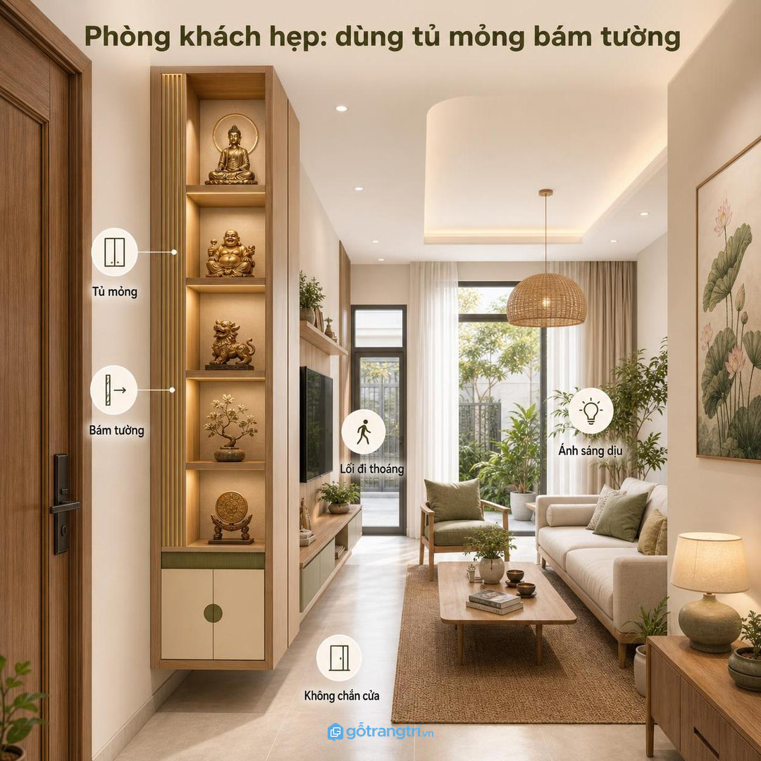 Nhà phố hẹp nên dùng tủ tượng mỏng bám tường