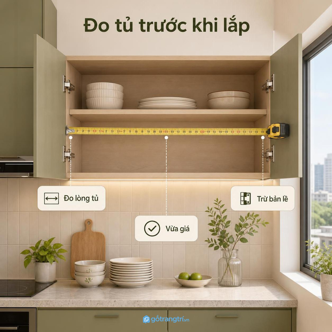 Mặt cánh tủ cần đồng bộ để phụ kiện nâng hạ không phá thẩm mỹ bếp