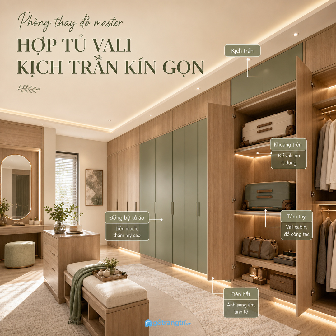 Phòng thay đồ master hợp tủ vali kịch trần kín gọn