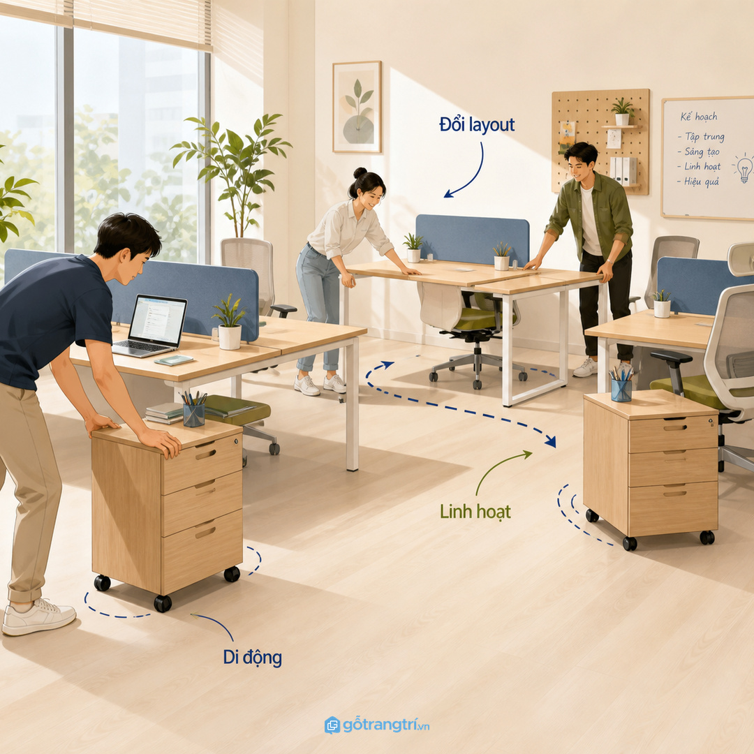Tủ di động giúp startup đổi layout nhanh mà không rối đồ