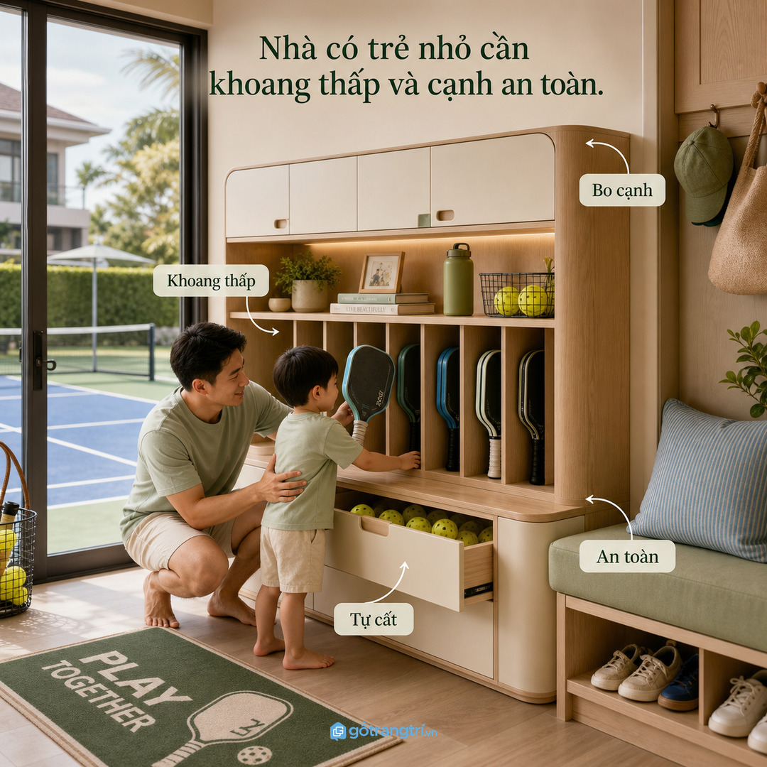 Nhà có trẻ nhỏ cần khoang thấp an toàn và dễ tự cất vợt sau khi chơi
