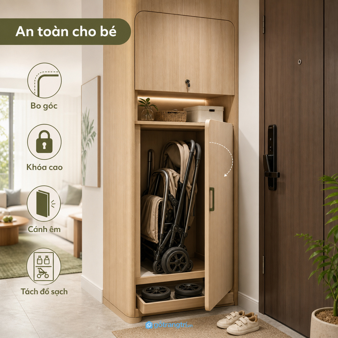 Gia đình có em bé nên ưu tiên bo góc, cánh êm và khoang khóa cao