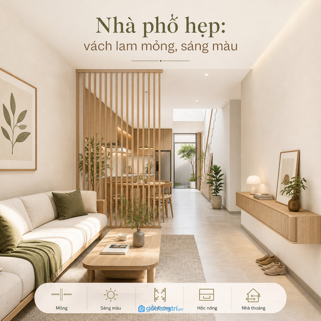 Nhà phố hẹp cần vách lam mỏng và sáng màu