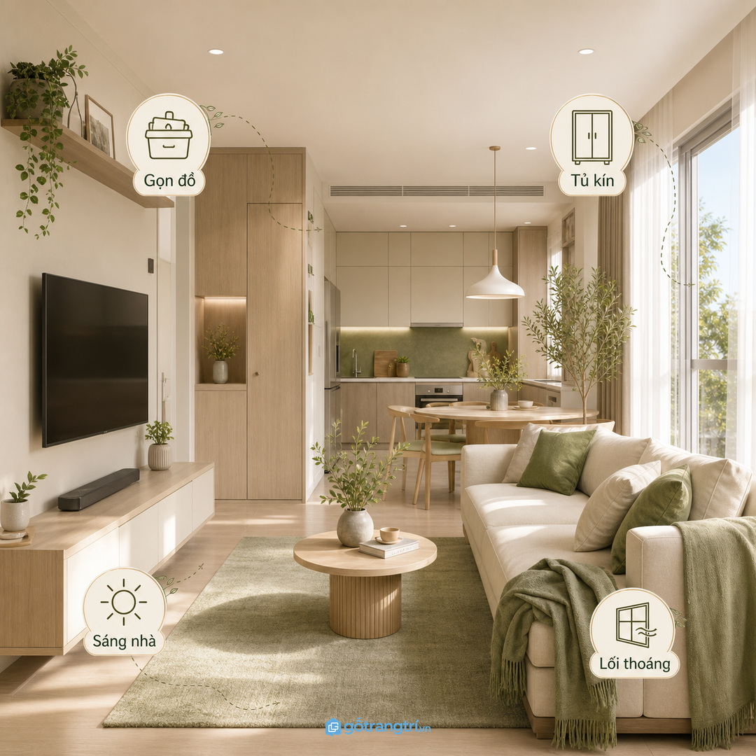 Căn hộ nhỏ hợp vách lam mỏng sát góc cột