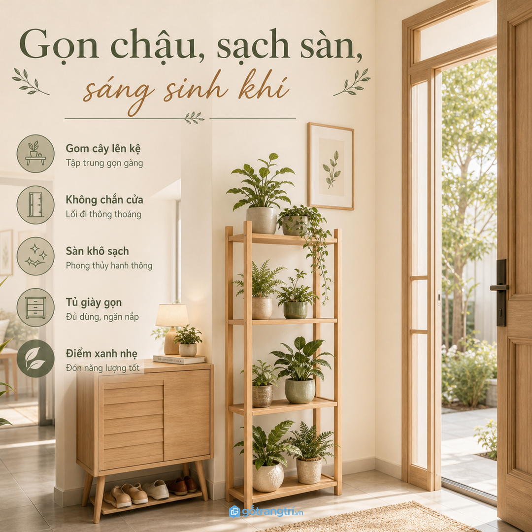 Nhà phố hẹp nên gom cây với tủ giày hoặc kệ trang trí
