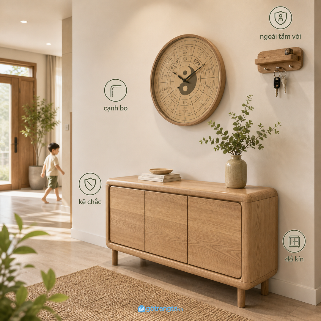 Nhà có trẻ nhỏ cần kệ chắc, cạnh bo và đồ bày an toàn