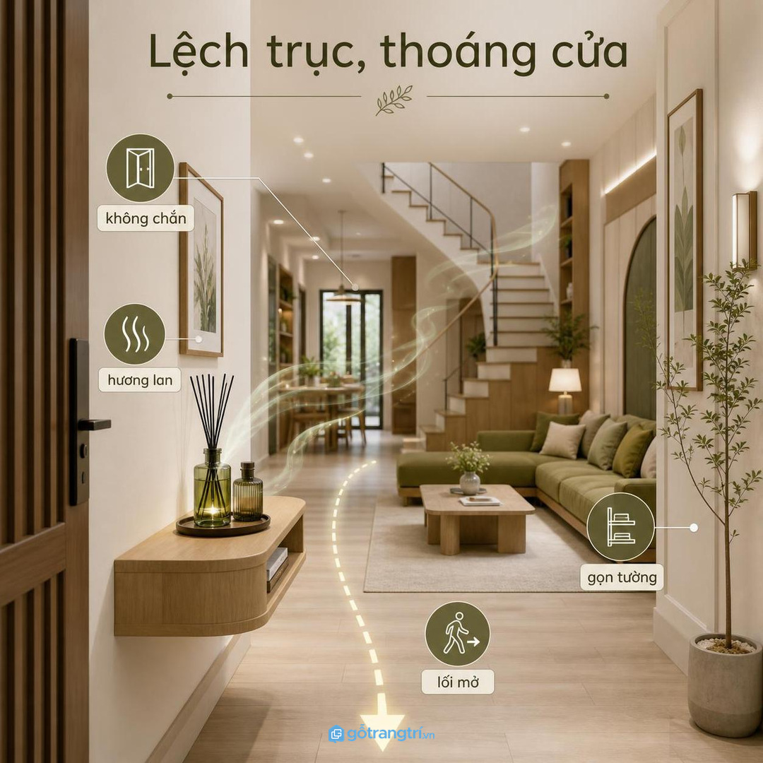 Nhà phố có phòng khách dài cần điểm thơm lệch trục cửa