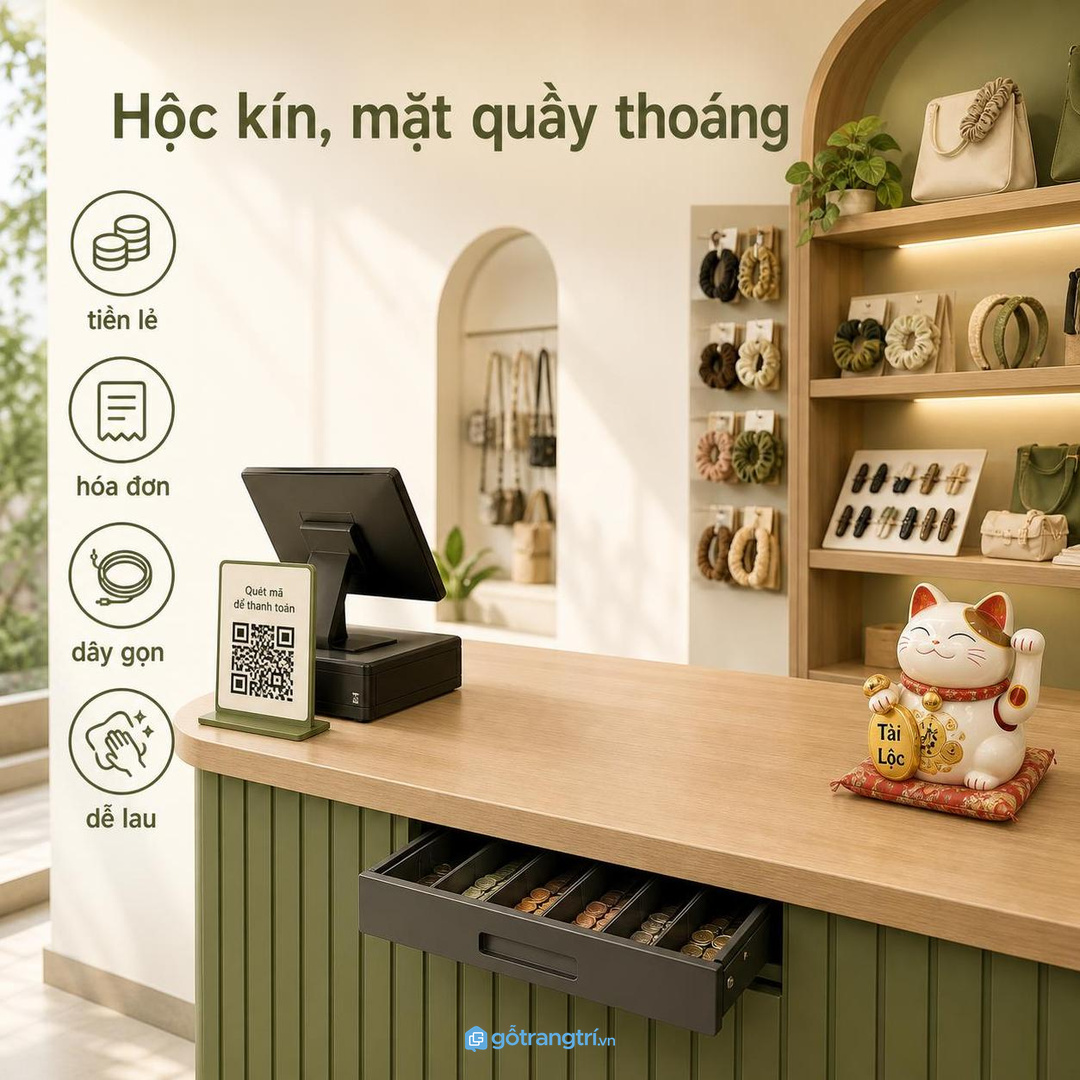 Quầy cafe tiệm nhỏ cần hộc tiền lẻ, máy POS và khay hóa đơn gọn