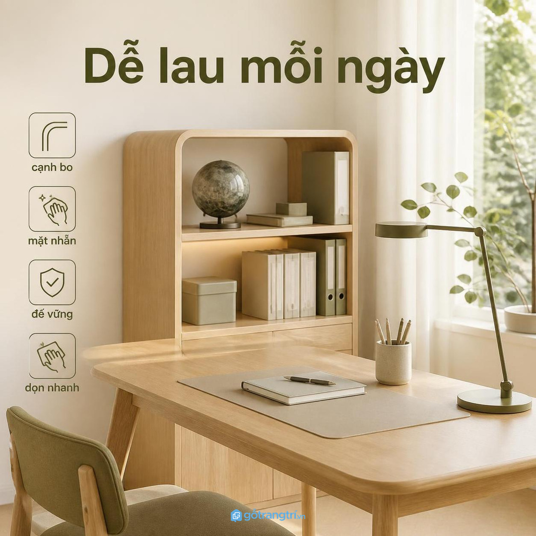Góc làm việc tại nhà nên chọn kệ chắc dễ lau và hợp màu bàn