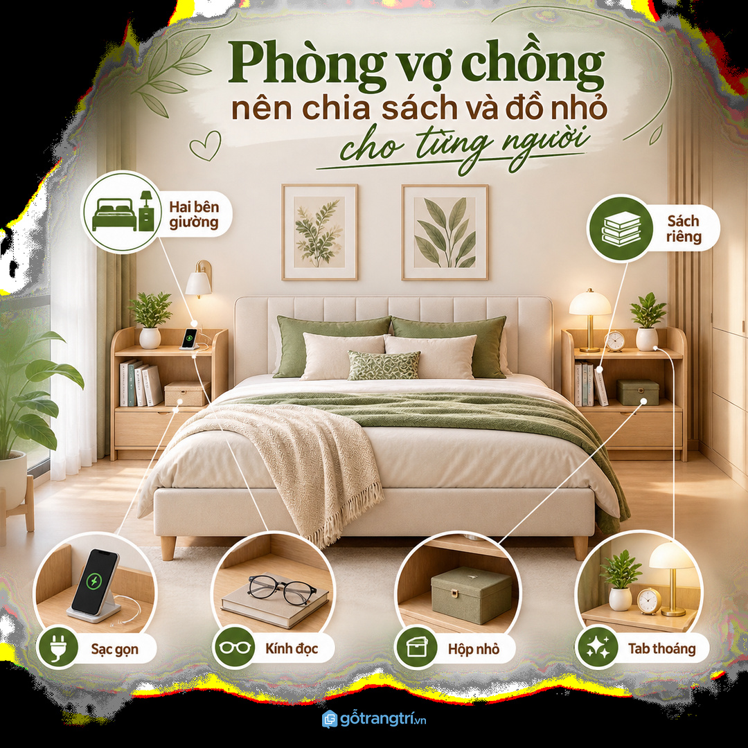 Phòng ngủ vợ chồng nên chia vùng sách và phụ kiện riêng