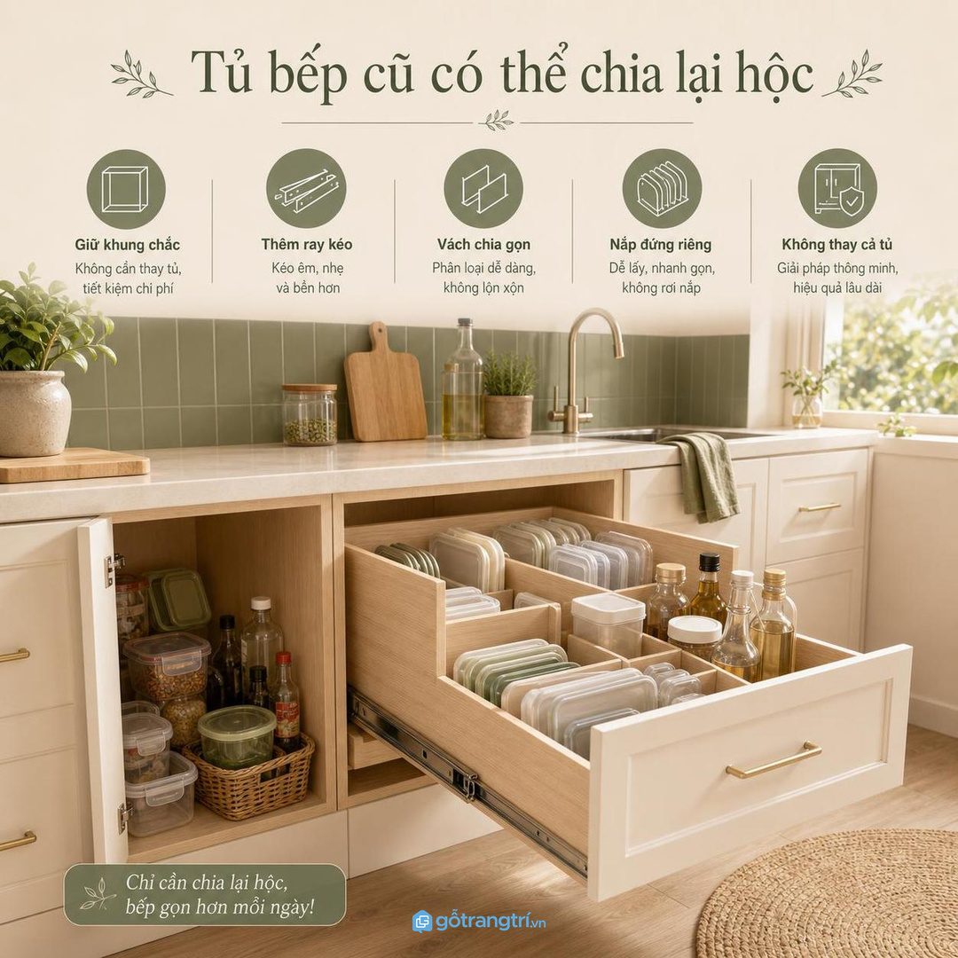Tủ bếp cũ có thể chia lại hộc để cất hộp nhựa gọn hơn