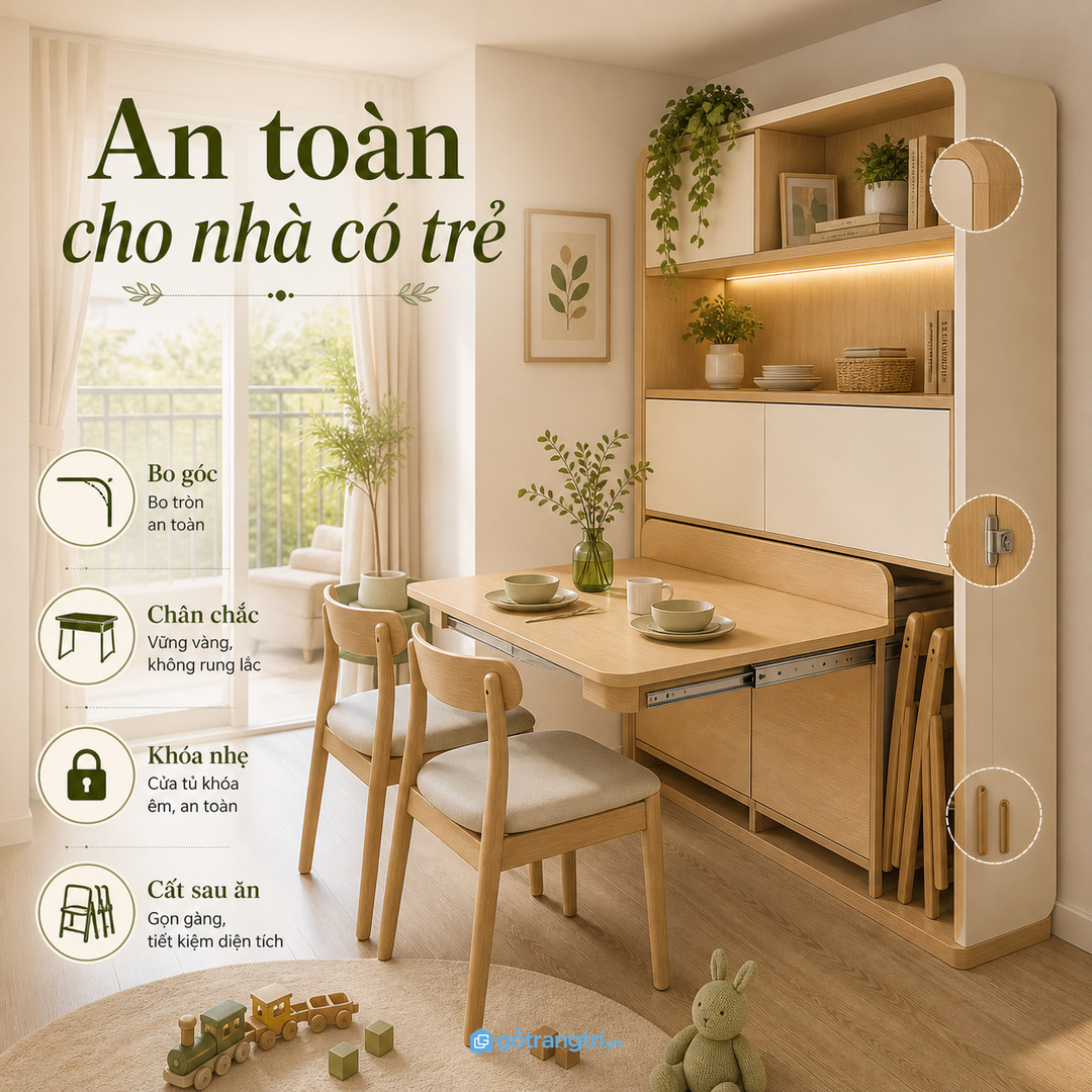 Nhà có trẻ nhỏ cần bàn kéo trượt chắc, bo góc và cất ghế sau khi ăn