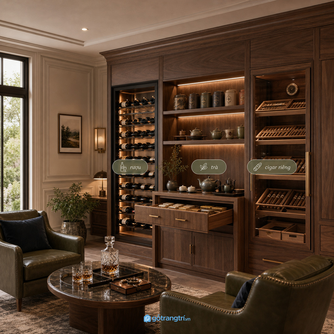 Gia chủ có rượu trà và cigar nên tách khu lưu trữ rõ ràng
