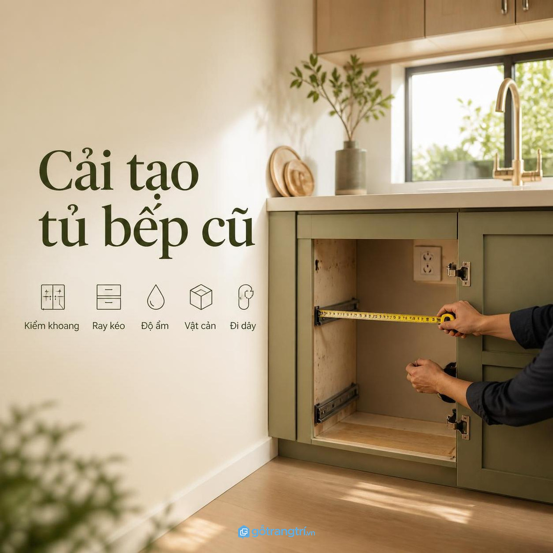 Cải tạo tủ bếp cũ cần kiểm khoang, ray và ổ điện trước
