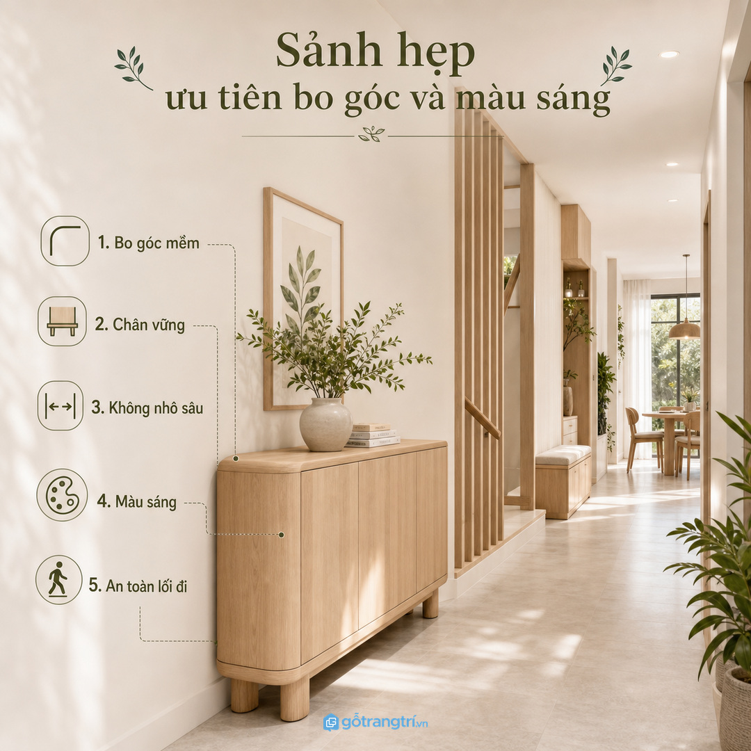 Nhà phố có sảnh hẹp nên ưu tiên bo góc và màu sáng