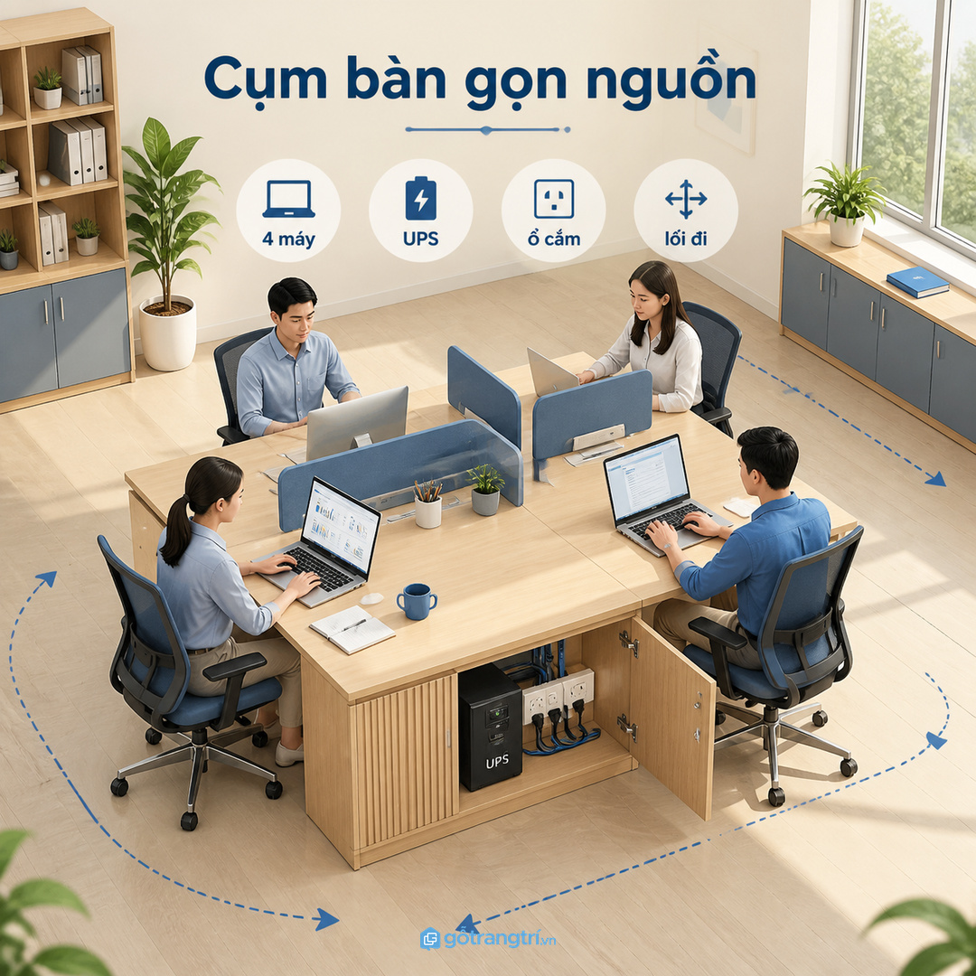 Văn phòng làm việc nhóm cần module nguồn dự phòng dưới cụm bàn