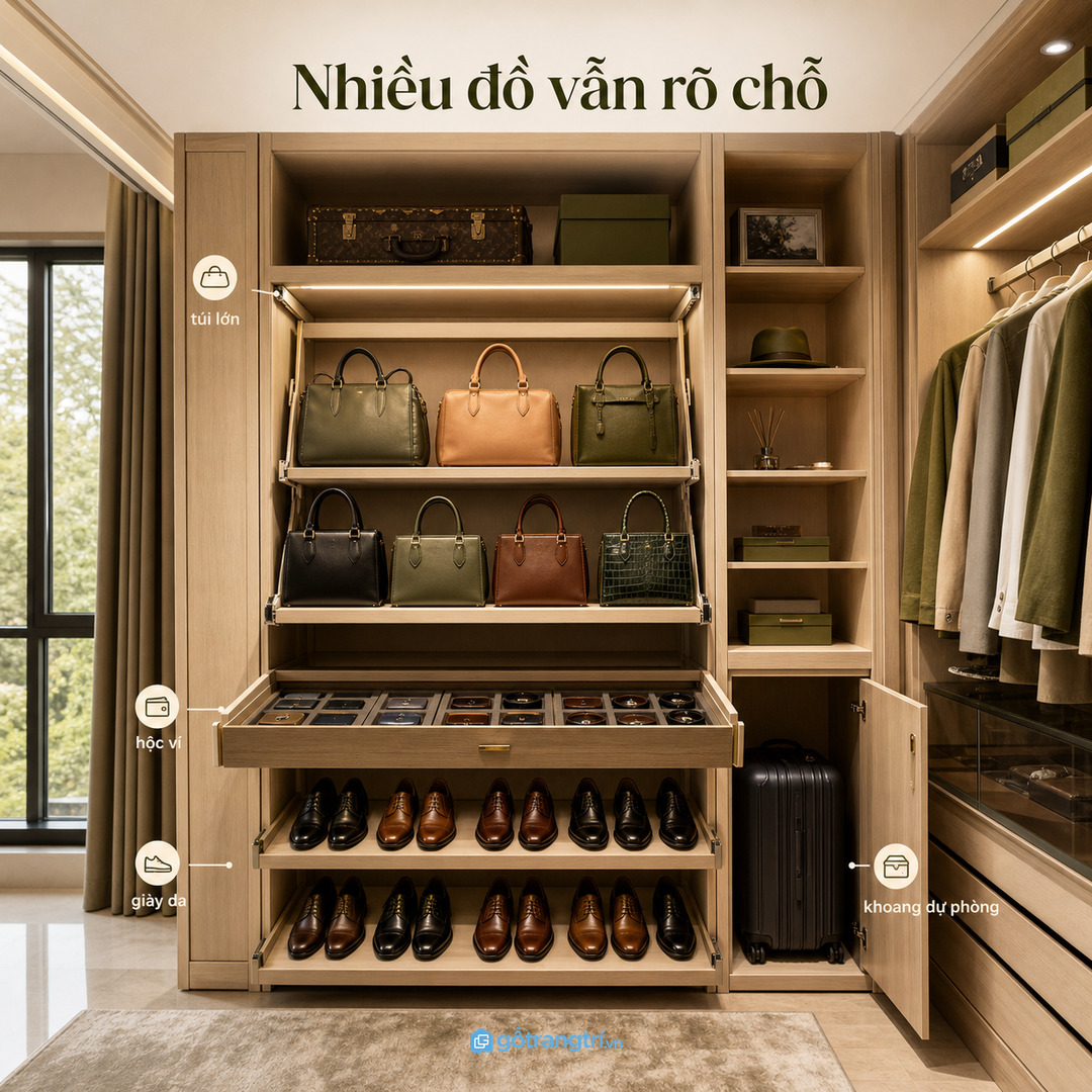 Bộ sưu tập giày da túi da cần khoang nâng đỡ và khu dụng cụ riêng