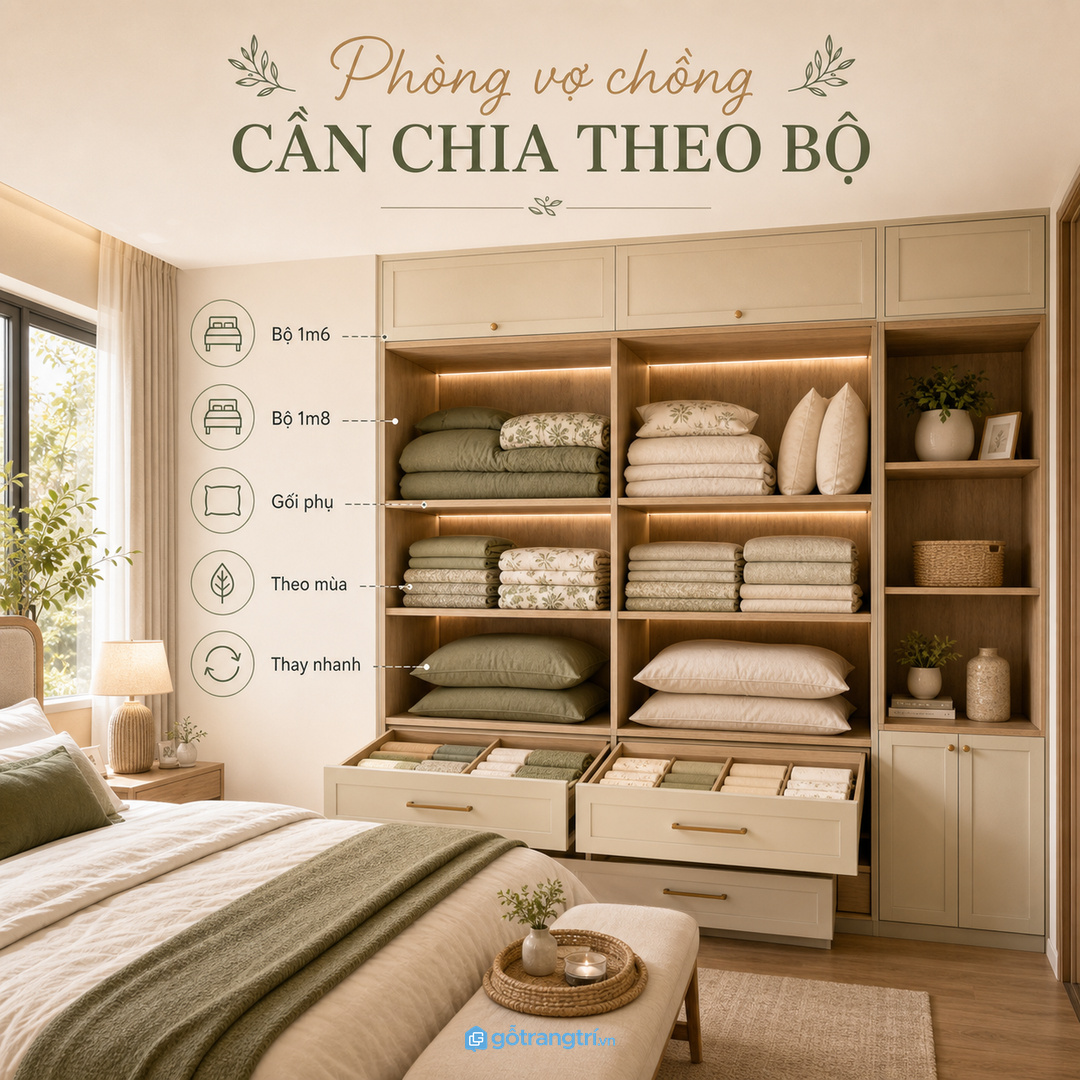 Phòng vợ chồng cần chia bộ ga gối theo kích thước giường và mùa dùng