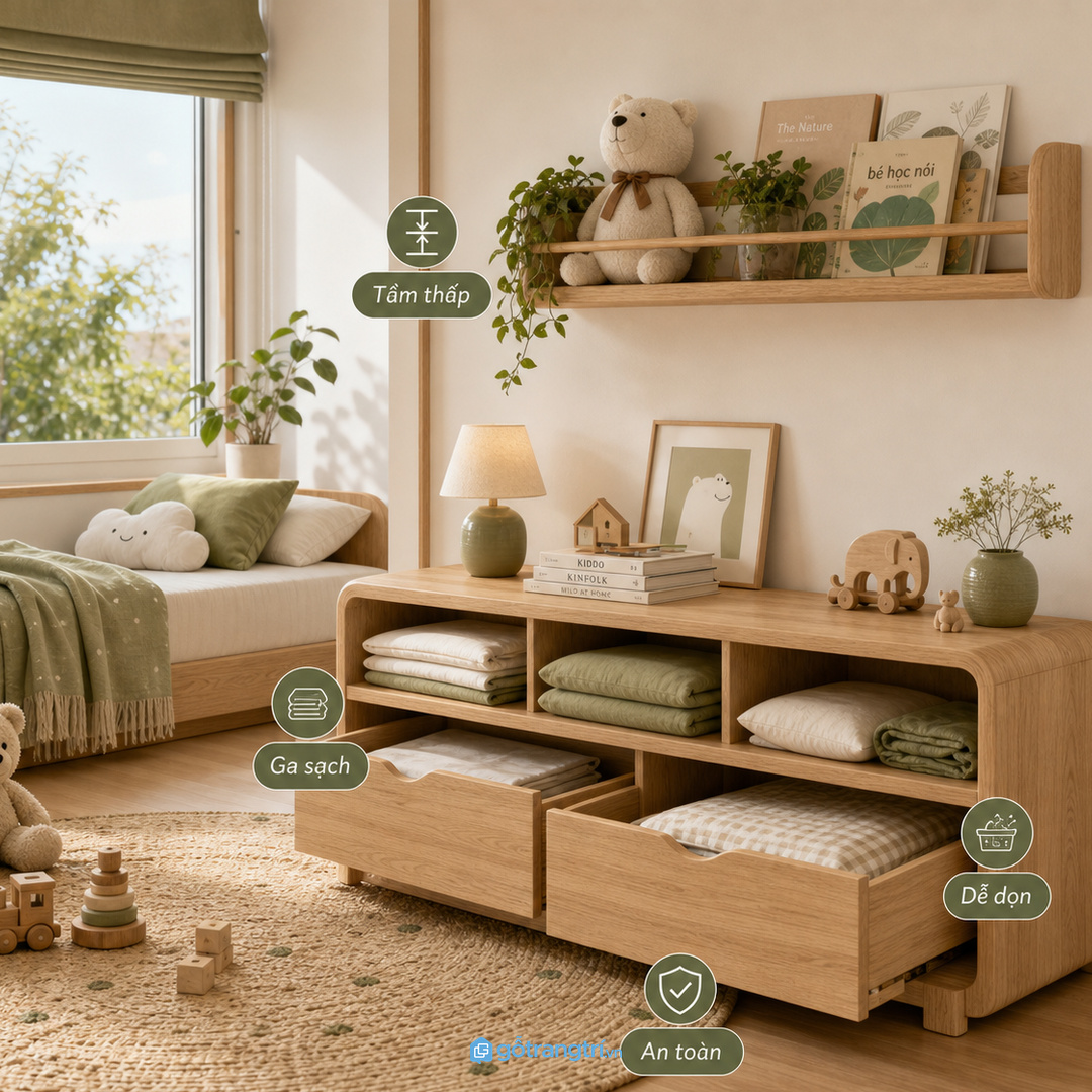 Phòng ngủ trẻ em hoặc phòng phụ cần tủ chăn ga thấp và dễ dọn