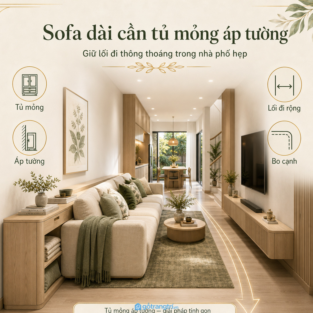 Nhà phố sofa dài cần tủ mỏng áp tường để không vướng lối đi