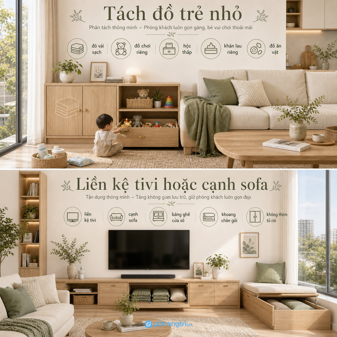 Nhà có trẻ nhỏ nên tách đồ vải sạch với đồ chơi và đồ ăn vặt